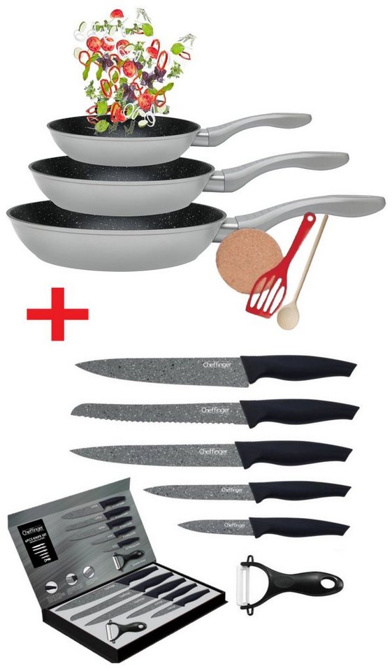 KESSMANN Pfannen-Set Induktion Pfannen 20cm 24cm 28cm mit Zubehör 6tlg + Messerset 6tlg, Aluminium (Set, 12-tlg., Inkl. 1 Pfannenwender + 1 Kork-Untersetzer + 1 Holzlöffel Antihaft), Pfannenset alle Herdarten Induktionsherd Messerblock Küchen Messer von KESSMANN