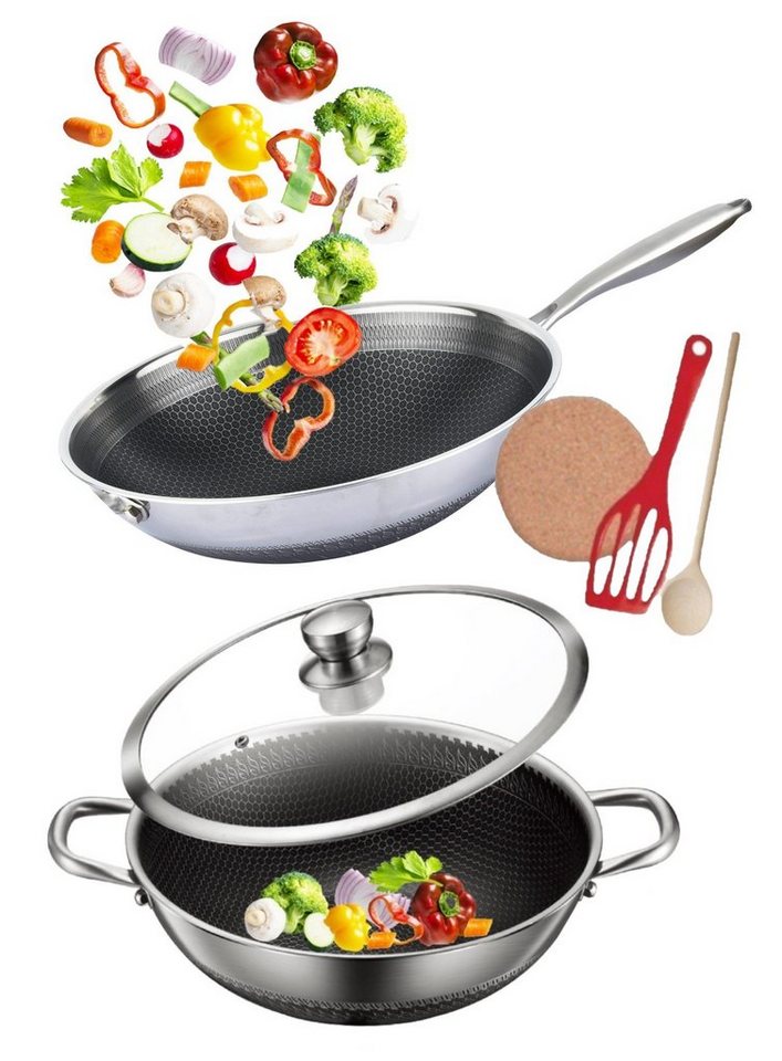 KESSMANN Pfannen-Set Induktion Wokpfanne 32 cm + Asia Wok Servierpfanne 32 cm + Deckel, Edelstahl (Set, 6-tlg., Inkl. 1 Pfannenwender 1 Untersetzer 1 Holzlöffel Antihaftbeschichtet), Bratpfanne Induktionsherd Wok Pfanne Pfannenset Schmorpfanne von KESSMANN