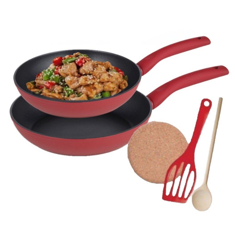 KESSMANN Pfannen-Set Induktionspfannen 20cm 24cm 5tlg rot Bratpfanne für alle Herdarten, Aluminium (Set, 5-tlg., Inkl. 1 Pfannenwender + 1 Untersetzer + 1 Holzlöffel Antihaft), Pfannenset induktionsherd Schmorpfanne Hochrandpfanne Servierpfanne von KESSMANN