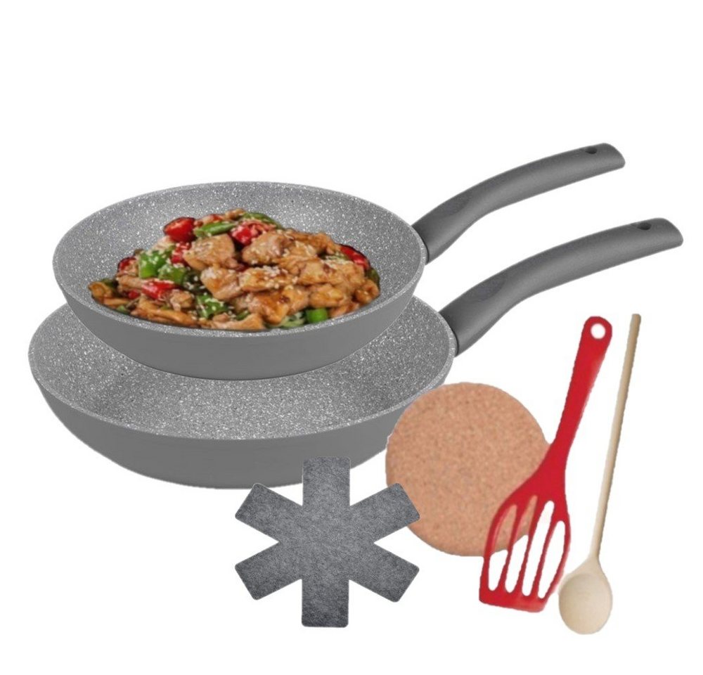 KESSMANN Pfannen-Set Induktionspfannen 24cm 28cm 7tlg Bratpfanne für alle Herdarten Pfanne, Aluminium (Set, 7-tlg., Inkl. 1 Pfannenwender + 2 Filzeinlagen + 1 Untersetzer + 1 Holzlöffel), Pfannenset induktionsherd Schmorpfanne Hochrandpfanne Servierpfanne von KESSMANN