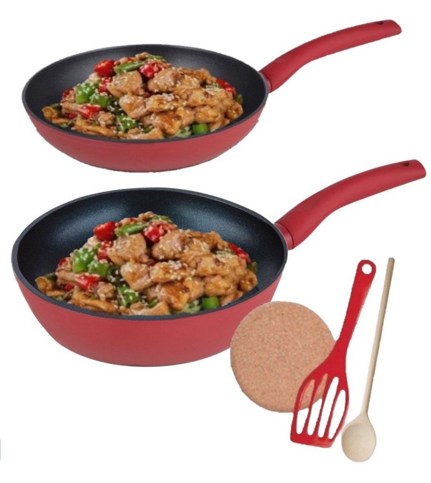 KESSMANN Pfannen-Set Pfanne 24 cm + Schmorpfanne 28 cm 5tlg Induktion für alle Herdarten, Aluminium (Set, 5-tlg., Inkl. 1 Pfannenwender + 1 Kork Untersetzer + 1 Holzlöffel Antihaft), Pfannenset induktionsherd Kasserolle Hochrand Pfanne Camping Bräter von KESSMANN