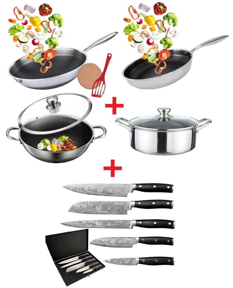 KESSMANN Pfannen-Set Pfanne 28cm + Wok 32cm + Kasserolle 28cm + Asia Wok 32cm + Messerset, Edelstahl (Set, 14-tlg., Inkl. 1 Pfannenwender + 1 Untersetzer Antihaftbeschichtet rostfrei), Pfannen Induktionsherd Wokpfanne Topf Topfset Messer Block Bratpfanne von KESSMANN