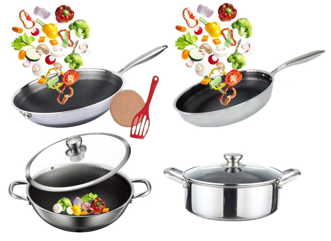 KESSMANN Pfannen-Set Pfanne 28cm Wok 32cm Kasserolle 28cm Wok Servierpfanne 32cm + 2 Deckel, Edelstahl (Set, 8-tlg., Inkl. 1 Pfannenwender + 1 Untersetzer Antihaftbeschichtet), Bratpfanne Wokpfanne Schmor Induktionsherd Pfannenset Topfset Topf von KESSMANN