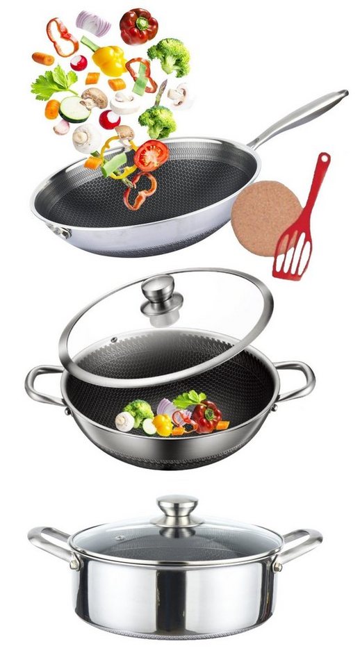 KESSMANN Pfannen-Set Wokpfanne 32cm + Wok Servierpfanne 32cm + Kasserolle 28cm + 2 Deckel, Edelstahl (Set, 7-tlg., Inkl. 1 Pfannenwender + 1 Untersetzer Antihaftbeschichtet), Bratpfannenset Induktionsherd Schmorpfanne Hochrand Pfannenset Pfanne von KESSMANN