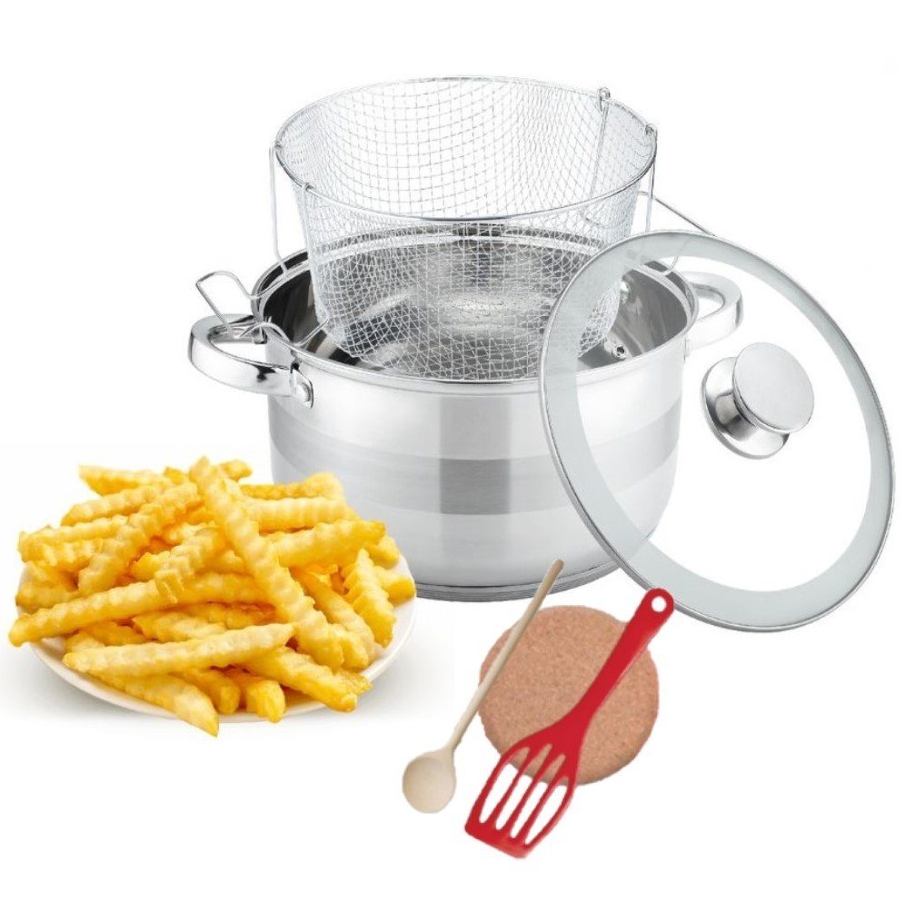 KESSMANN Topf-Set 18/10 Edelstahl Frittier Topf Ø 24cm + Glasdeckel + Sieb 6 Liter Set, alle Herdarten, Induktion (Set, 6-tlg., Inkl. 1 Pfannenwender + 1 Untersetzer + 1 Holzlöffel), Topfset Induktionsherd Topf Fleischtopf Antihaft Kochtopf Bräter von KESSMANN