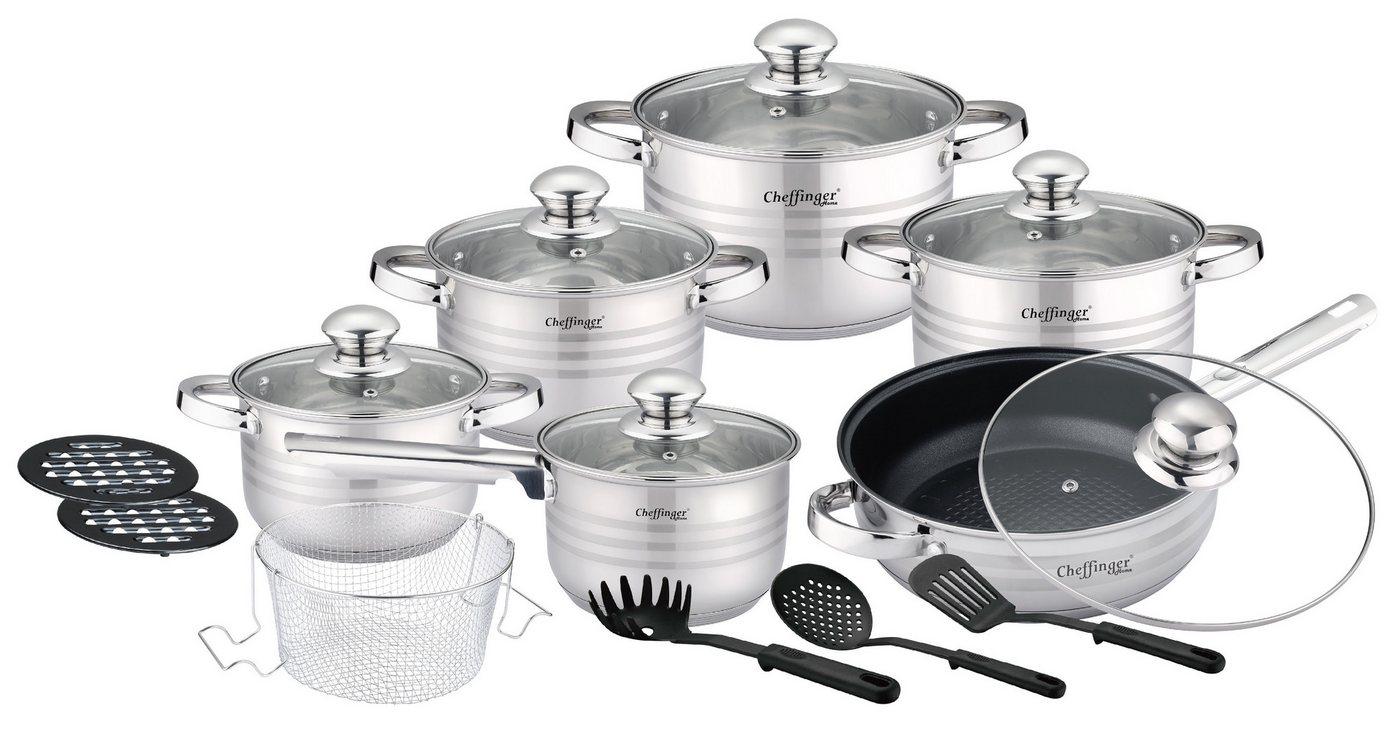 KESSMANN Topf-Set 4 Kochtöpfe 1 Stieltopf 1 Bratpfanne 6 Deckel Inkl. Zubehör 18 Tlg, Edelstahl 18/10 (Set, 18-tlg., Wender + 2 Untersetzer + Löffel + Spaghettilöffel + Frittiersieb), Antihaftbeschichtung Induktionsherd Brattopf Kochtopf Schmor Pfanne von KESSMANN