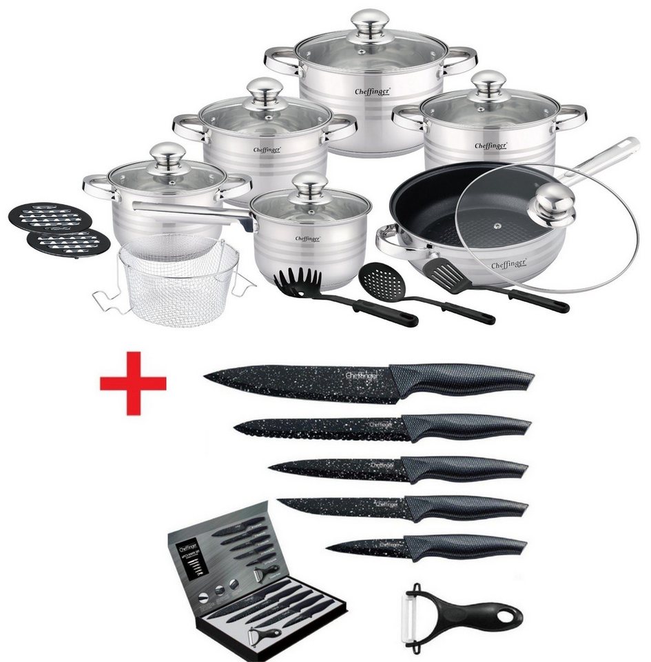 KESSMANN Topf-Set 4 Kochtöpfe 1 Stieltopf 1 Bratpfanne 6 Deckel Inkl. Zubehör 18 Tlg, Edelstahl 18/10 (Set, 24-tlg., Wender + 2 Untersetzer + Löffel + Spaghettilöffel + Frittiersieb), + 6 teilig Messerblock Messerset Besteckset Antihaft Induktionsherd von KESSMANN