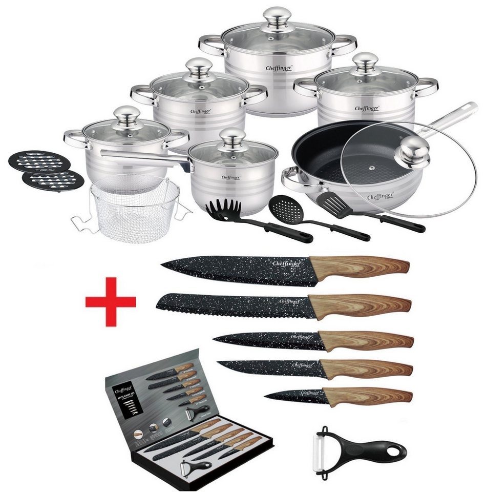 KESSMANN Topf-Set 4 Kochtöpfe 1 Stieltopf 1 Bratpfanne 6 Deckel Inkl. Zubehör 18 Tlg, Edelstahl 18/10 (Set, 24-tlg., Wender + 2 Untersetzer + Löffel + Spaghettilöffel + Frittiersieb), + 6 teilig Messerblock Messerset Besteckset Antihaft Induktionsherd von KESSMANN