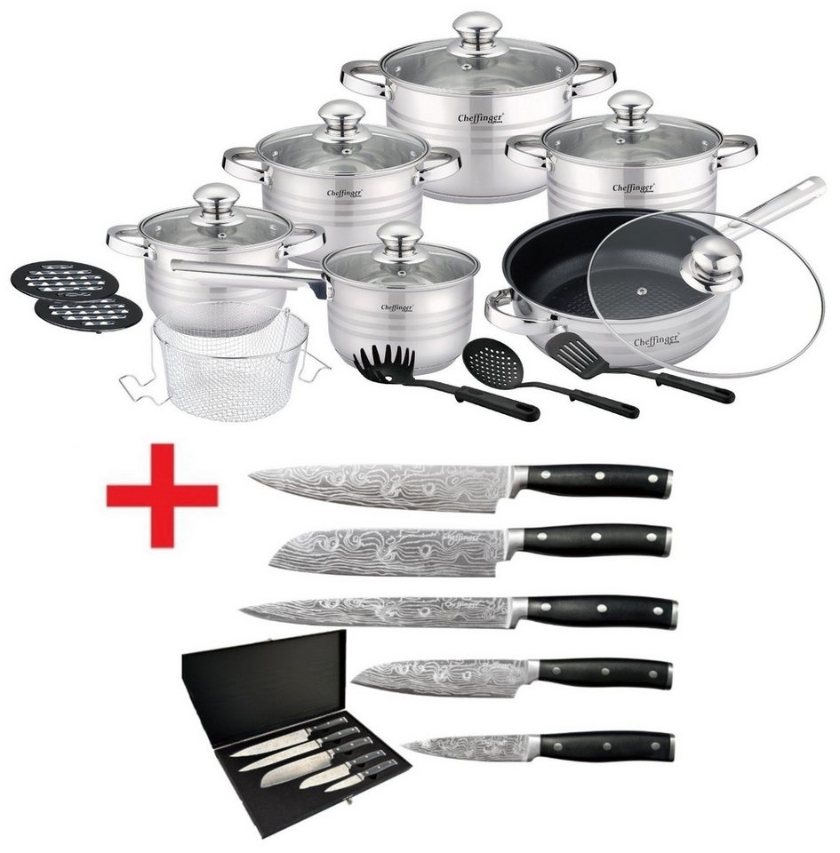 KESSMANN Topf-Set 4 Kochtöpfe 1 Stieltopf 1 Bratpfanne 6 Deckel Inkl. Zubehör 18 Tlg, Edelstahl 18/10 (Set, 24-tlg., Wender + 2 Untersetzer + Löffel + Spaghettilöffel + Frittiersieb), + 6 teilig Messerblock Messerset Besteckset Antihaft Induktionsherd von KESSMANN