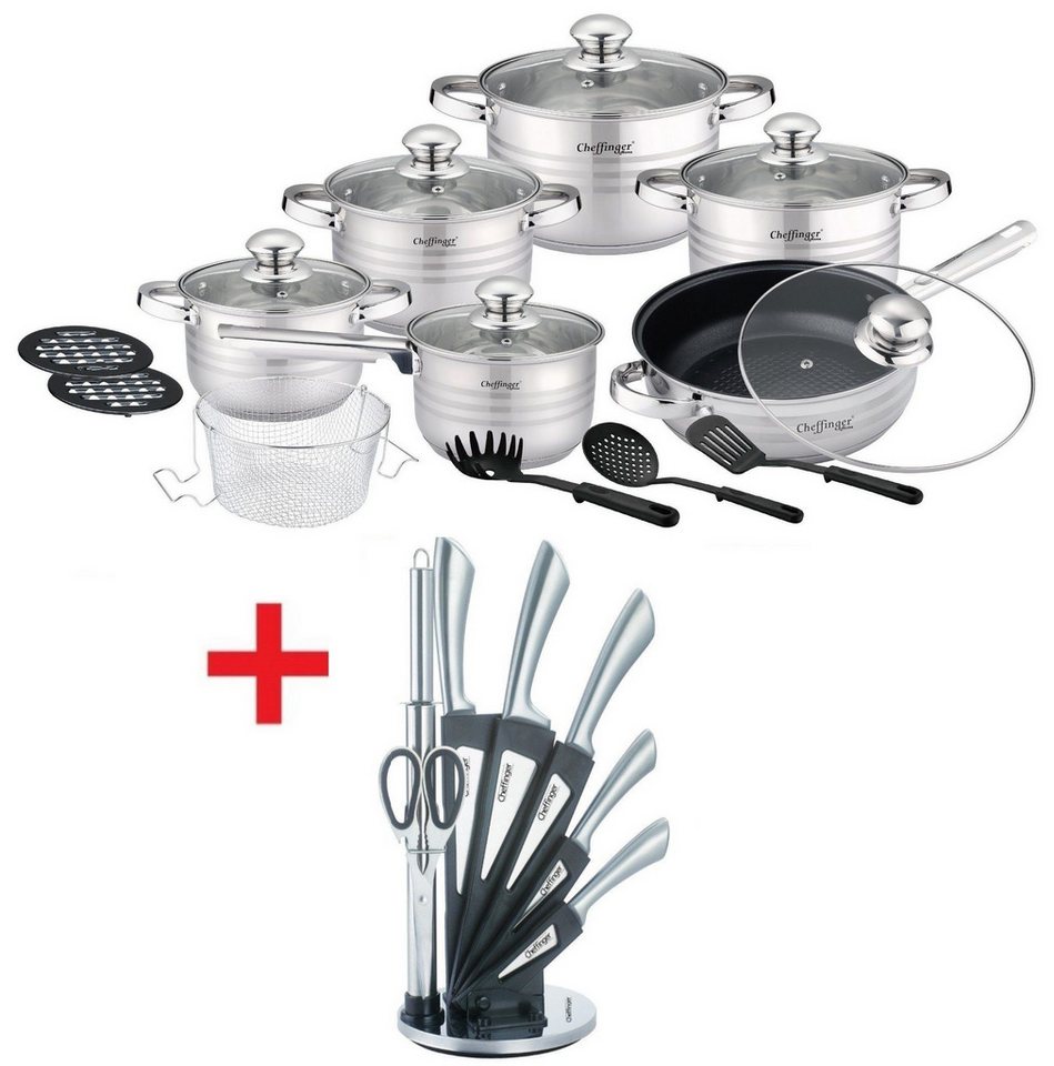 KESSMANN Topf-Set 4 Kochtöpfe 1 Stieltopf 1 Bratpfanne 6 Deckel Inkl. Zubehör 18 Tlg, Edelstahl 18/10 (Set, 26-tlg., Wender + 2 Untersetzer + Löffel + Spaghettilöffel + Frittiersieb), + 8 teilig Messerblock Messerset Besteckset Antihaft Induktionsherd von KESSMANN