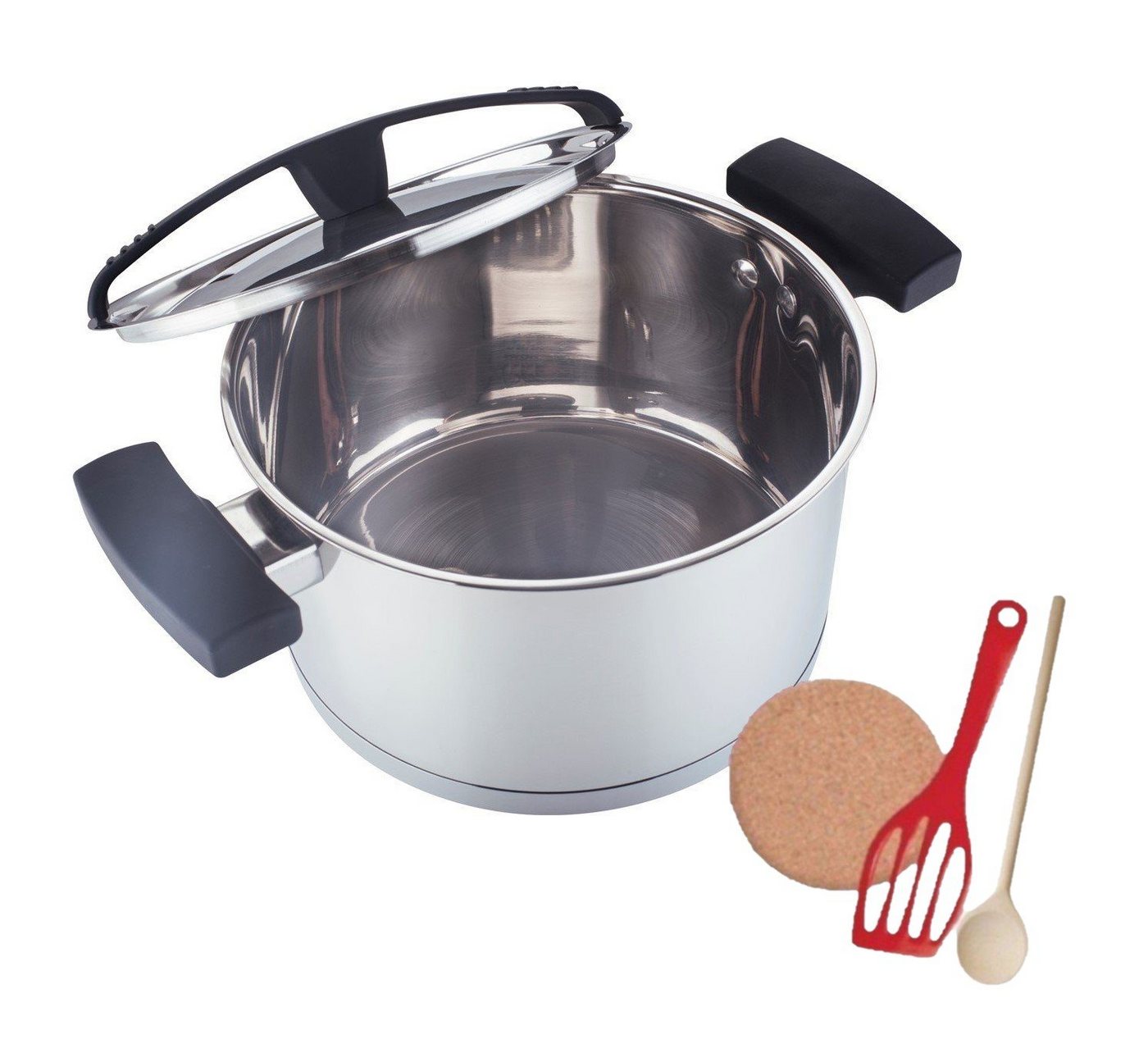 KESSMANN Topf-Set Edelstahl 5 Liter Bratentopf 24cm mit Deckel 5-tlg Induktion Topf Set, Edelstahl, rostfrei (Set, 5-tlg., Inkl. 1 Pfannenwender + 1 Untersetzer + 1 Holzlöffel Brattopf Bräter), Topfset Induktionsherd Fleischtopf Kasserolle Edelstahltopf Kochtopf von KESSMANN