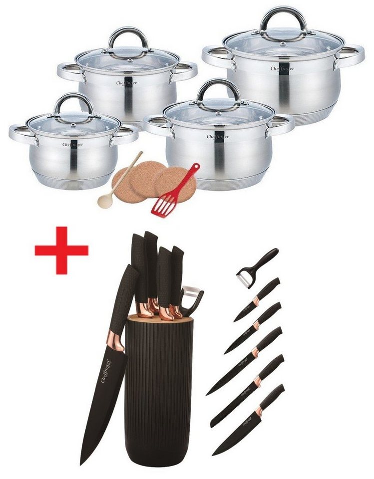 KESSMANN Topf-Set Edelstahl Induktion Topfset - 4 Töpfe mit Deckel + Messerset 7tlg, Edelstahl 18/10 (Set, 20-tlg., Inkl. 1 Pfannenwender + 3 Kork-Untersetzer + 1 Holzlöffel Antihaft), Induktionsherd Küchenhelfer Messerblock Küchenmesser Messer Brattopf von KESSMANN