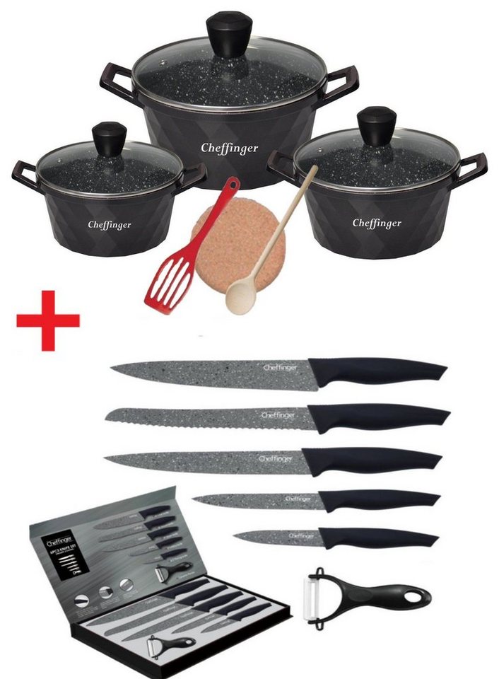 KESSMANN Topf-Set Induktion Bratentöpfe 20 24 28cm mit Deckel 9tlg + Messerset 6tlg, Aluminium (Set, 15-tlg., Inkl. 1 Pfannenwender + 1 Untersetzer + 1 Holzlöffel Topfset Messer), alle Herdarten Fleischtopf Antihaft Brattopf Küchenmesser Box Knife von KESSMANN