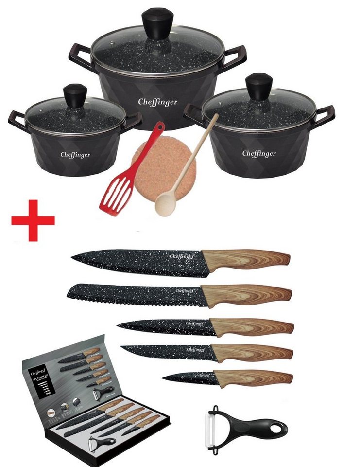 KESSMANN Topf-Set Induktion Bratentöpfe 20 24 28cm mit Deckel 9tlg + Messerset 6tlg, Aluminium (Set, 15-tlg., Inkl. 1 Pfannenwender + 1 Untersetzer + 1 Holzlöffel Topfset Messer), alle Herdarten Fleischtopf Antihaft Brattopf Küchenmesser Box Knife von KESSMANN