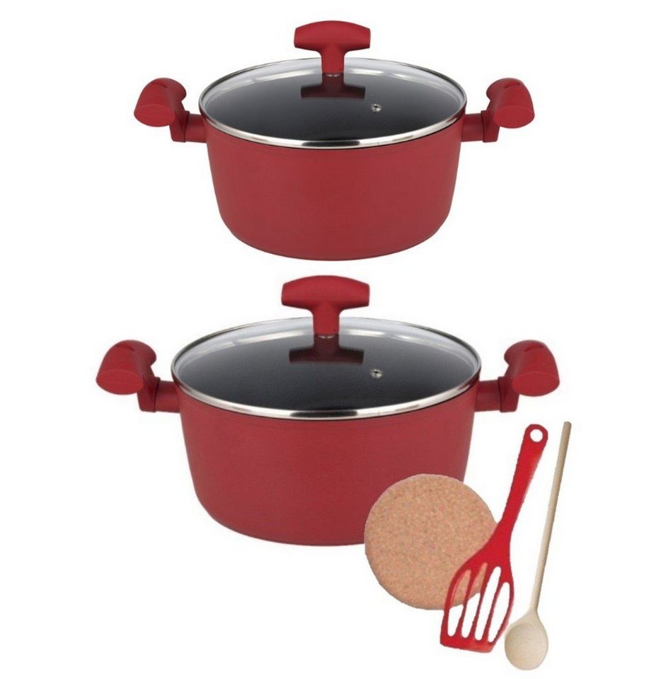 KESSMANN Topf-Set Induktion Töpfe 24cm + 28 cm + 2 Deckel Topfset für alle Herdarten, Aluminium (Set, 7-tlg., Inkl. 1 Pfannenwender 1 Kochlöffel 1 Kork Untersetzer 7 teiliges Set), Fleischtopf Schmortopf Induktionsherd Pfannenset Kasserolle Brattopf von KESSMANN