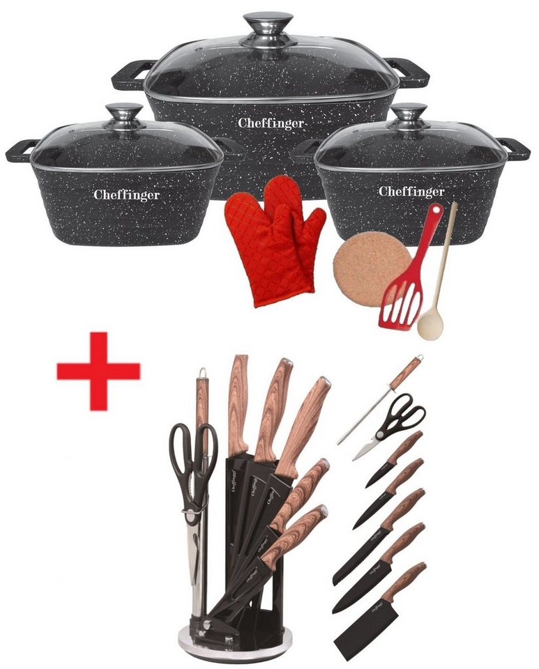 KESSMANN Topf-Set Induktion Topfset 3 Töpfe mit Deckel Inkl. Zubehör + Messerset 8tlg, Aluminiumguss (Set, 18-tlg., Inkl. 1 Pfannenwender + 1 Untersetzer + 1 Holzlöffel + 2 Handschuhe), Induktionsherd Kochtöpfe Messerblock Küchenmesser Messer Besteckset von KESSMANN