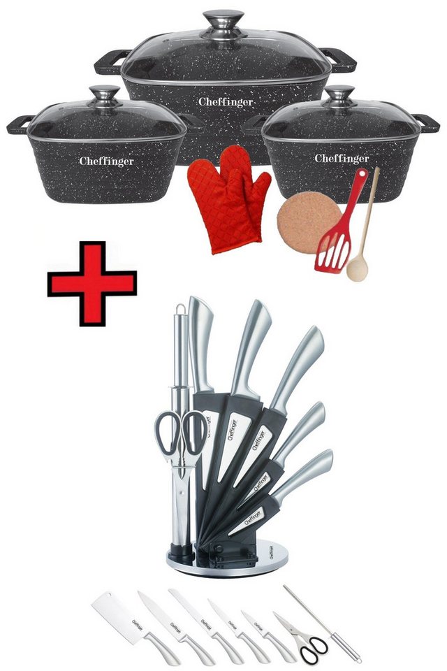 KESSMANN Topf-Set Induktion Topfset 3 Töpfe mit Deckel Inkl. Zubehör + Messerset 8tlg, Aluminiumguss (Set, 18-tlg., Inkl. 1 Pfannenwender + 1 Untersetzer + 1 Holzlöffel + 2 Handschuhe), Induktionsherd Kochtöpfe Messerblock Küchenmesser Messer Besteckset von KESSMANN