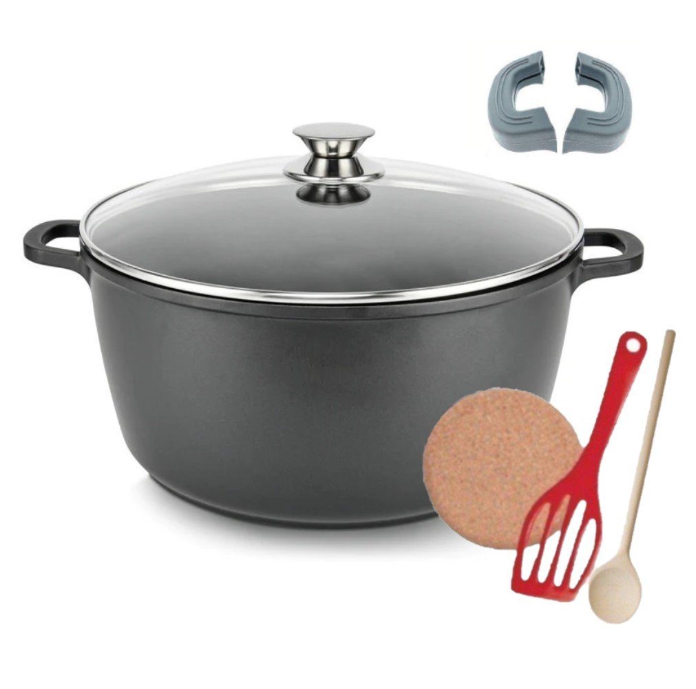 KESSMANN Topf-Set Kochtopf 20cm mit Deckel 7-tlg Induktion Topf Set für alle Herdarten, Aluminiumguss (Set, 7-tlg., Inkl. 2 Silikon Griffe 1 Pfannenwender 1 Kork-Untersetzer 1 Holzlöffel), Antihaft Topfset Induktionsgeeignet Fleischtopf Bräter Pfanne kochen von KESSMANN