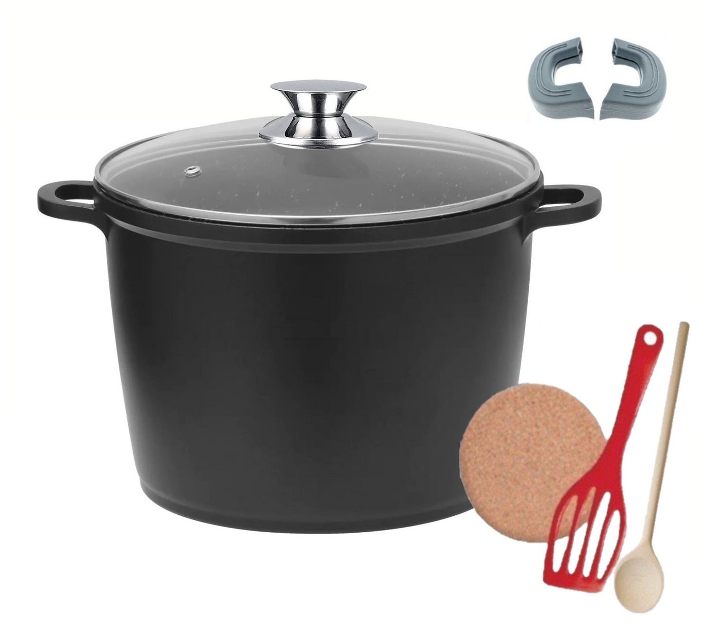 KESSMANN Topf-Set Kochtopf 24cm mit Deckel 7-tlg Induktion Topf Set für alle Herdarten, Aluminiumguss (Set, 7-tlg., Inkl. 2 Silikon Griffe 1 Pfannenwender 1 Kork-Untersetzer 1 Holzlöffel), Antihaft Topfset Induktionsgeeignet Fleischtopf Bräter Pfanne kochen von KESSMANN