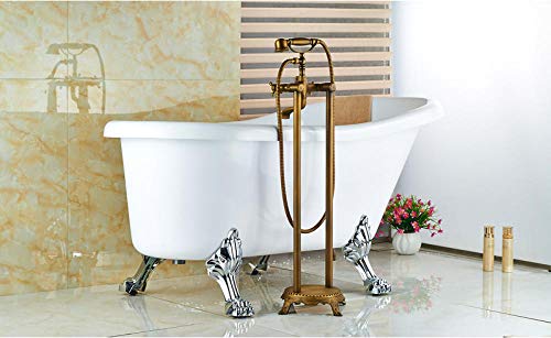 Doppelgriffe Badezimmer Boden Mount Badewanne Füller Freistehende Badewanne Wasserhahn Antike Messing mit Handbrause Dreh Auslauf, KESULAI von KESULAI