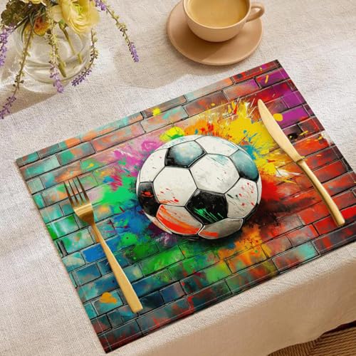 2Er Set Tischsets Abwaschbar,3D-Fußball Leinen Abwischbar Platzdeckchen, Placemats Abgrifffeste Hitzebeständig rutschfest, Graffiti-Wand Geeignet Für Den Küchentisch, 45X30Cm von KETAFOUND