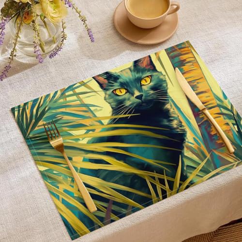 2Er Set Tischsets Abwaschbar,Schwarze Katze Leinen Abwischbar Platzdeckchen, Placemats Abgrifffeste Hitzebeständig rutschfest, Palmblätter Geeignet Für Den Küchentisch, 45X30Cm von KETAFOUND