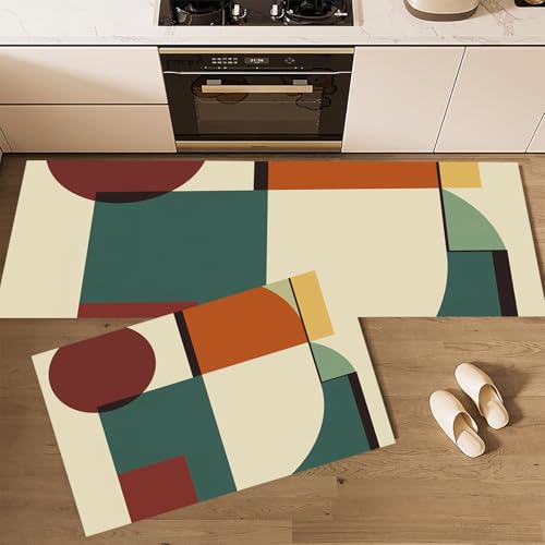 KETAFOUND 2-Teiliges Rutschfestes Küchenteppich Set, Retro-Drucke Waschbare Flurmatten Und Teppiche, Geeignet Für Küche, Esszimmer Und Eingangsbereich, Abstrakte Geometrie43X75+43X150Cmgelb von KETAFOUND