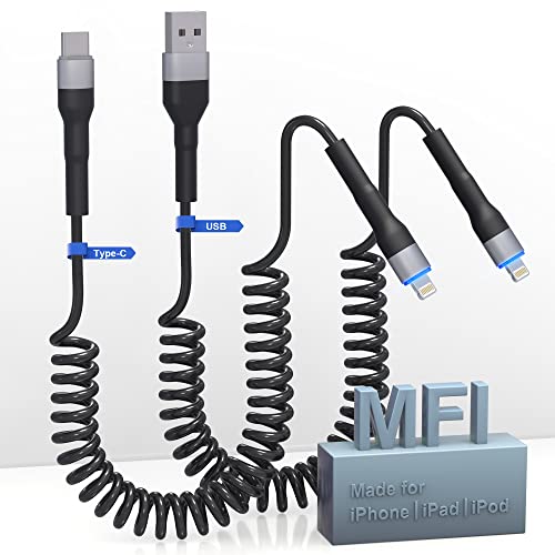 Lightning Spiralkabel 2Pack USB-C & USB-A, MFi Zertifiziert Apple Carplay Kabel, USB C/A Lightning Kabel Kurz mit Datensynchronisation und LED, Einziehbares USB A/C auf iPhone Kabel für iPhone/Pad/Pod von KETAKY Plus