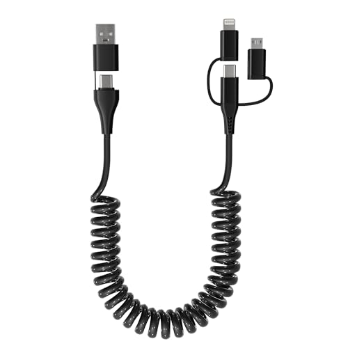 USB C/A auf Lightning USB-C Micro-USB Spiralkabel 3in2 Android Auto & Carplay Kabel [60W PD,MFi,Daten] Multi Kabel Kurz mit Type-C/Lightning/Micro für iPhone 16 15 14 13 Android Samsung Laptop von KETAKY Plus