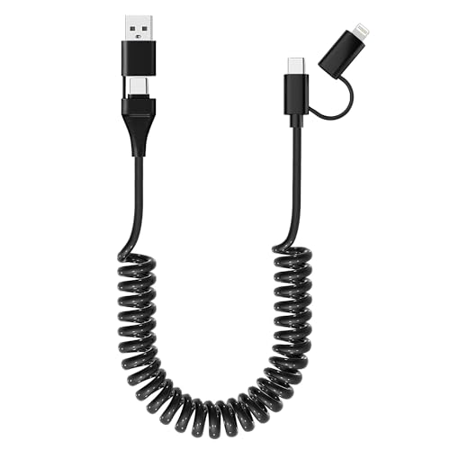 USB C und Lightning Spiralkabel 4 in 1 Android Auto Apple Carplay Kabel[60W PD3A & MFI & Daten]2-in-2 USB A/USB C auf USB C Lightning Kabel Kurz Universal Schnellladekabe für iPhone Laptop Pad Android von KETAKY Plus