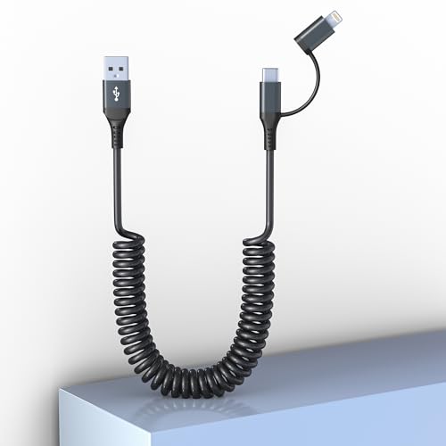 USB auf USB C und Lightning Kabel 2 in 1-3A schnelles Laden und Daten kurz Spiralkabel, Apple CarPlay und Android Auto, Lightning- und USB-C-Kabel für iPhone 16 15 14 13 12 USB C Android-Smartphones von KETAKY Plus