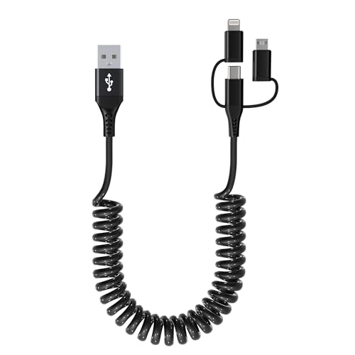 USB auf USB C und Lightning und Micro USB Spiralkabel 3 in 1 Android Auto und Apple Carplay USB C Kabel [MFi & 3A & Datensync] Universal Spiralkabel Kurz Car Play Kabel für 16/15/14/13/Galaxy/Android von KETAKY Plus