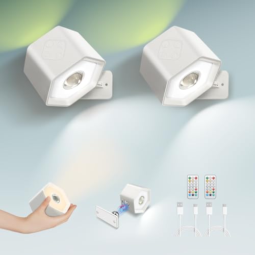 KETIEE LED Wandleuchte Innen 2 Stück, Akku Wandlampe Ohne Stromanschluss 360° Drehbarem, 7 RGB Farbmodi & 3 Dimmer, Touch Schalter Für Wohnzimmer, Schlafzimmer Flur Treppenhaus Weiß von KETIEE