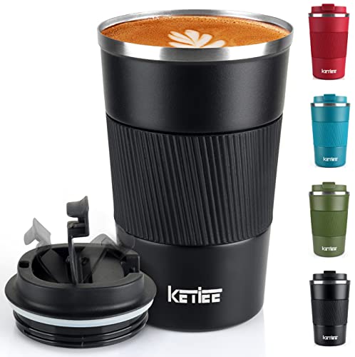 KETIEE Thermobecher Kaffeebecher to Go 13oz/380ml Edelstahl Kaffee-to-go Becher Thermo, Vakuum auslaufsicher Isolierbecher mit Deckel, Autobecher doppelwandig isoliert coffee-to-go becher, Schwarz von KETIEE