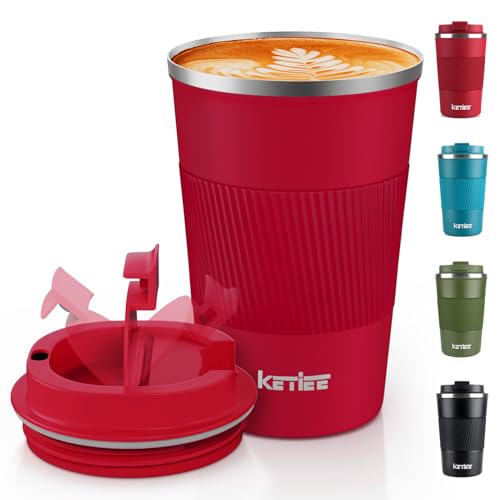 KETIEE Kaffeebecher to go,380ml Thermobecher Kaffee-to-go,Kaffeebecher Thermo,Doppelwandig Reisebecher Travel Mug,Vakuum Isolierbecher mit auslaufsicherem Deckel für Kaffee und Tee,Rot von KETIEE
