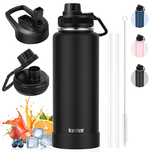 Thermobecher Kaffeebecher to Go 40oz, KETIEE Trinkflasche Edelstahl 1L Trinkflasche Sport mit Strohhalm 2 Deckel Auslaufsichere Wasserflasche BPA-Frei Thermosflasche Kaffeebecher Thermo, Schwarz von KETIEE