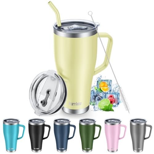 KETIEE Thermobecher mit Strohhalm 850ml-Kaffeebecher to go mit 2 Deckeln 30oz Edelstahl Isolierbecher mit Griff Autobecher Trinkbecher Tumbler Kaffeetasse für Heißer und Kalter Getränke,Milchgelb von KETIEE