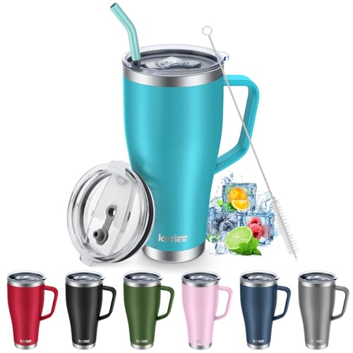 KETIEE Thermobecher mit Strohhalm 850ml- Kaffeebecher to go mit 2 Deckeln 30oz Edelstahl Isolierbecher mit Griff Autobecher Trinkbecher Tumbler Kaffeetasse für Heißer und Kalter Getränke,T-Blau von KETIEE
