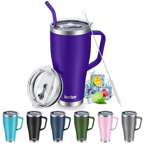 KETIEE Thermobecher mit Strohhalm 850ml-Kaffeebecher to go mit 2 Deckeln 30oz Edelstahl Isolierbecher mit Griff Autobecher Trinkbecher Tumbler Kaffeetasse für Heißer und Kalter Getränke,Tiefes Violett von KETIEE