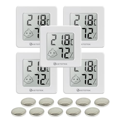 KETOTEK Digital Mini Hygrometer Thermometer Innen 5er Set Thermo-Hygrometer Luftfeuchtigkeitsmesser Raumthermometer mit Raumklima-Indikator für Gewächshaus Wohnzimmer von KETOTEK
