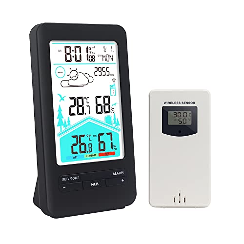 KETOTEK Funk Wetterstation mit Außensensor, Digital DCF Funkwetterstation, Thermometer Hygrometer Innen Außen mit Wettervorhersage Wecker Barometrisch Lüftungsempfehlung von KETOTEK