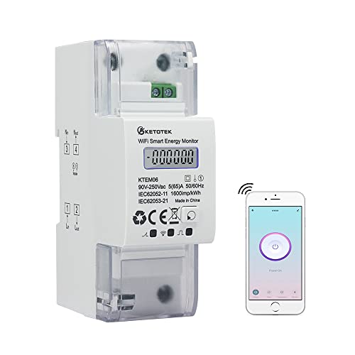 KETOTEK Smart Stromzähler Hutschiene WLAN 1 Phasen Strommessgerät AC 5(65) A 90-250V Digitaler LCD Fernbedienung Din Rail Wechselstromzähler von Smart Life/Tuya App von KETOTEK
