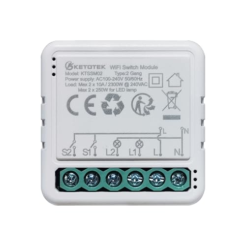 KETOTEK Smart WLAN Relais Schalter 230V 10A 2 Kanäle Kompatibel mit Alexa, Smart Switch Lichtschalter Modul WLAN Unterputz 2fach 1 Weg/2 Wege, Nullleiter Erforderlich KETOTEK Smart WLAN Relais Schalter 230V 10A 2 Kanäle Kompatibel mit Alexa, Smart Switch Lichtschalter Modul WLAN Unterputz 2fach 1 Weg/2 Wege, Nullleiter Erforderlich von KETOTEK