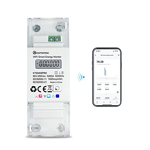 KETOTEK Smart Stromzähler Hutschiene 1 Phasig Bidirektional, Digital Energiezähler WLAN 5(65) A 90-250V, Zweirichtungszähler 1 phasig, KWH Zähler WLAN-Fernbedienung von App von KETOTEK