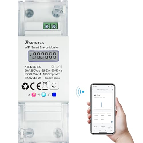 KETOTEK Smart Stromzähler Hutschiene 1 Phasig Bidirektional, Digital Energiezähler WLAN 5(65) A 90-250V, Zweirichtungszähler 1 phasig, KWH Zähler WLAN-Fernbedienung von App von KETOTEK