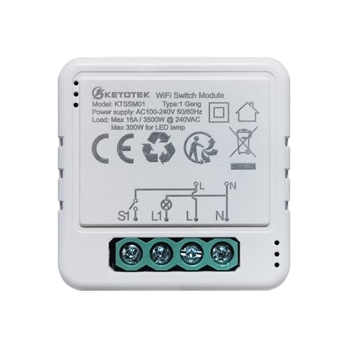 KETOTEK Smart Relais Schalter WLAN 1 Kanal 16A Kompatibel mit Alexa, Smarter Lichtschalter Modul Unterputz 230V WiFi für Hausautomation DIY, Nullleiter Erforderlich von KETOTEK