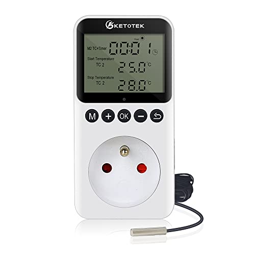 KETOTEK Steckdose Thermostat Tag / Nacht, digitaler Temperaturregler mit Timer für Terrarium, Gewächshaus, Heizung, Kühlung, Controller 220 V, mit Sonde von KETOTEK