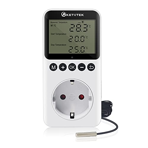 KETOTEK Steckdose Thermostat mit Tag Nacht Zeitschaltuhr, Digital Temperaturregler Steckdose 230V mit Fühler, Heizung Kühlung Temperaturschalter Timer für Terrarium Reptilien Inkubator von KETOTEK