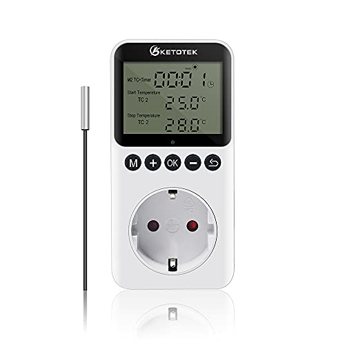 KETOTEK Tag Nacht Thermostat Steckdose Digitaler Temperaturregler mit 3M Fühler Timer Heizung Kühlung Steckerthermostat mit Zeitschaltuhr für Gewächshaus Terrarium Reptilie von KETOTEK