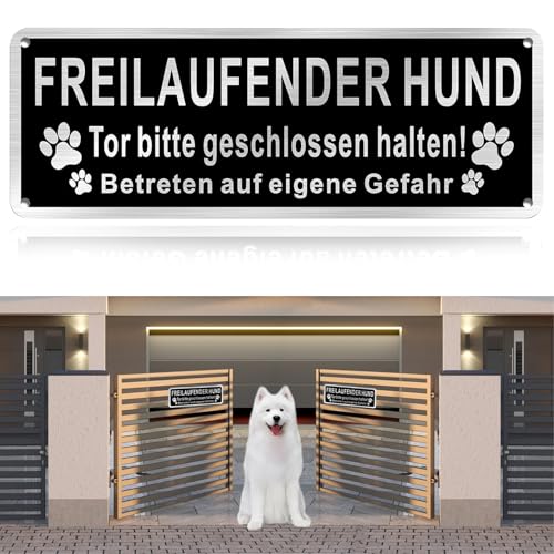 KEUGT Freilaufender Hund Gebürstetes Alu 25x9cm, Achtung Hund Schild, Reflektierend, Schwarz, Warnschild, Hundewarnschild, Funktional, Innen/Außen von KEUGT